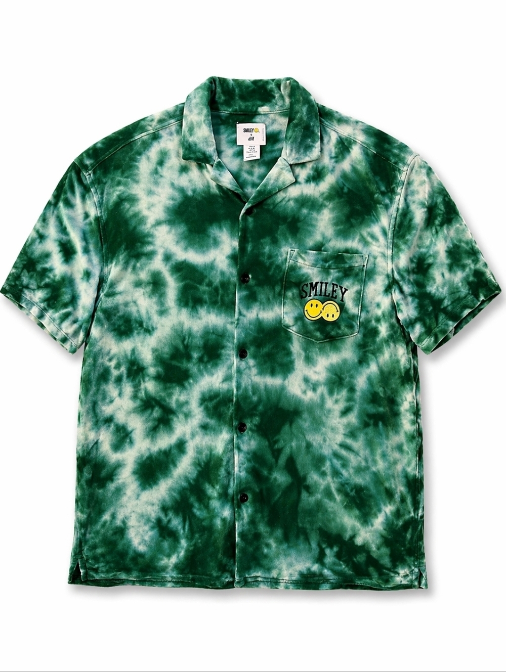 Smiley x H&M Men's Relaxed Fit Terry Resort Shirt Size M Green And White Tie-Dye